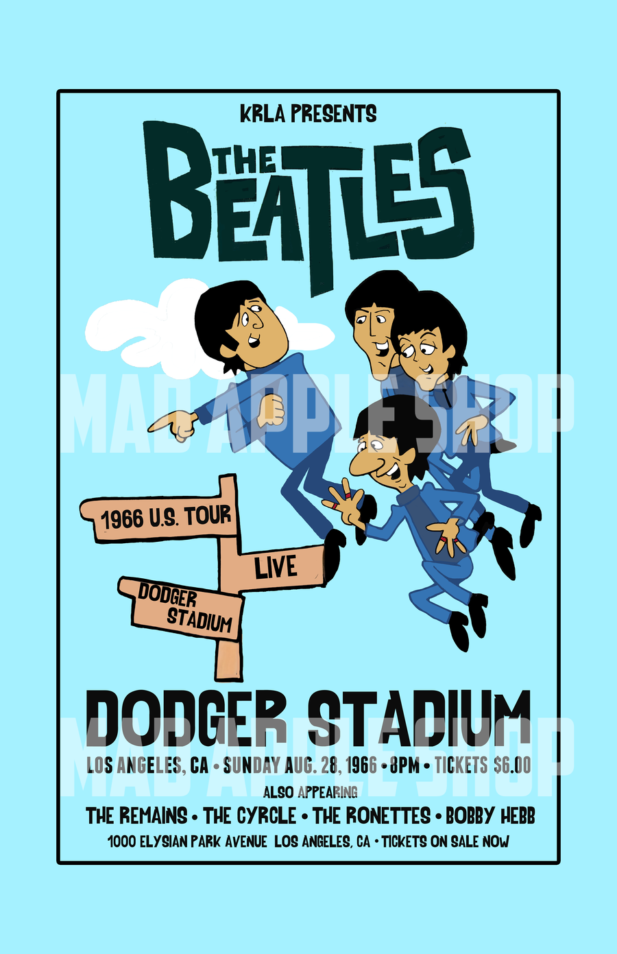 The Beatles Cartoon Concert Tour Poster Art Print Dodger Stadium Los Angeles 1966